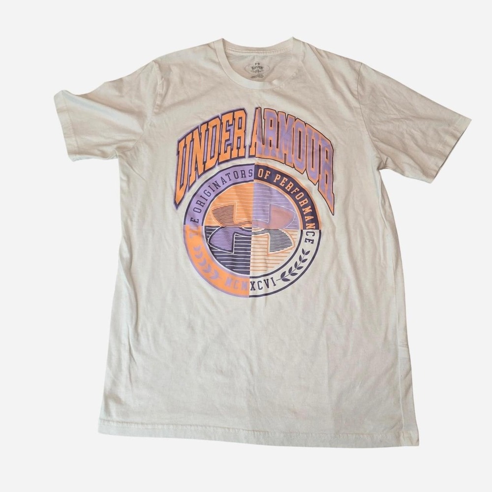 Under Armour white t-shirt with orange and purple logo Men's- Small